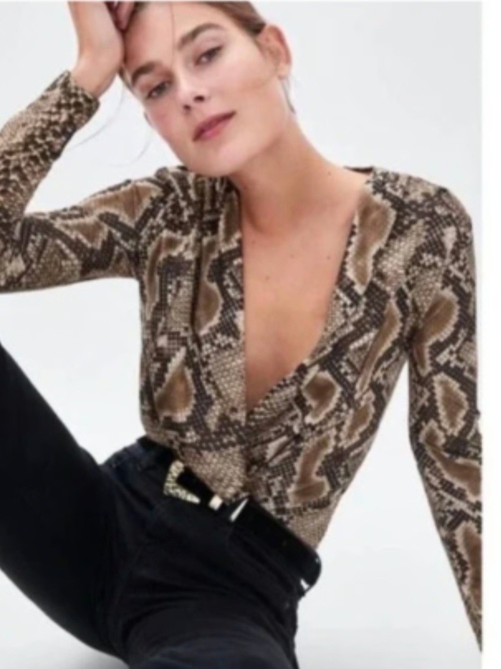 Zara Snake-Print V-Neck Long Sleeve Bodysuit in Brown